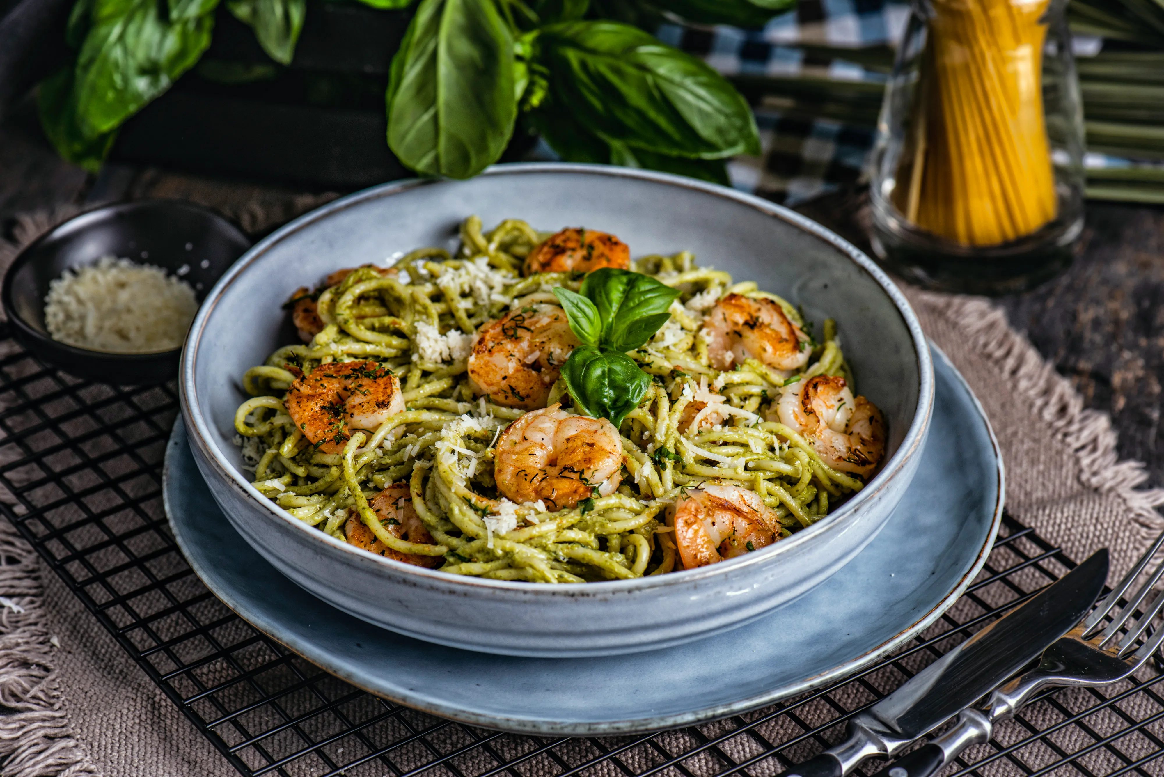 Grilled Cajun Shrimp with Basil Pesto Spaghetti — final dish