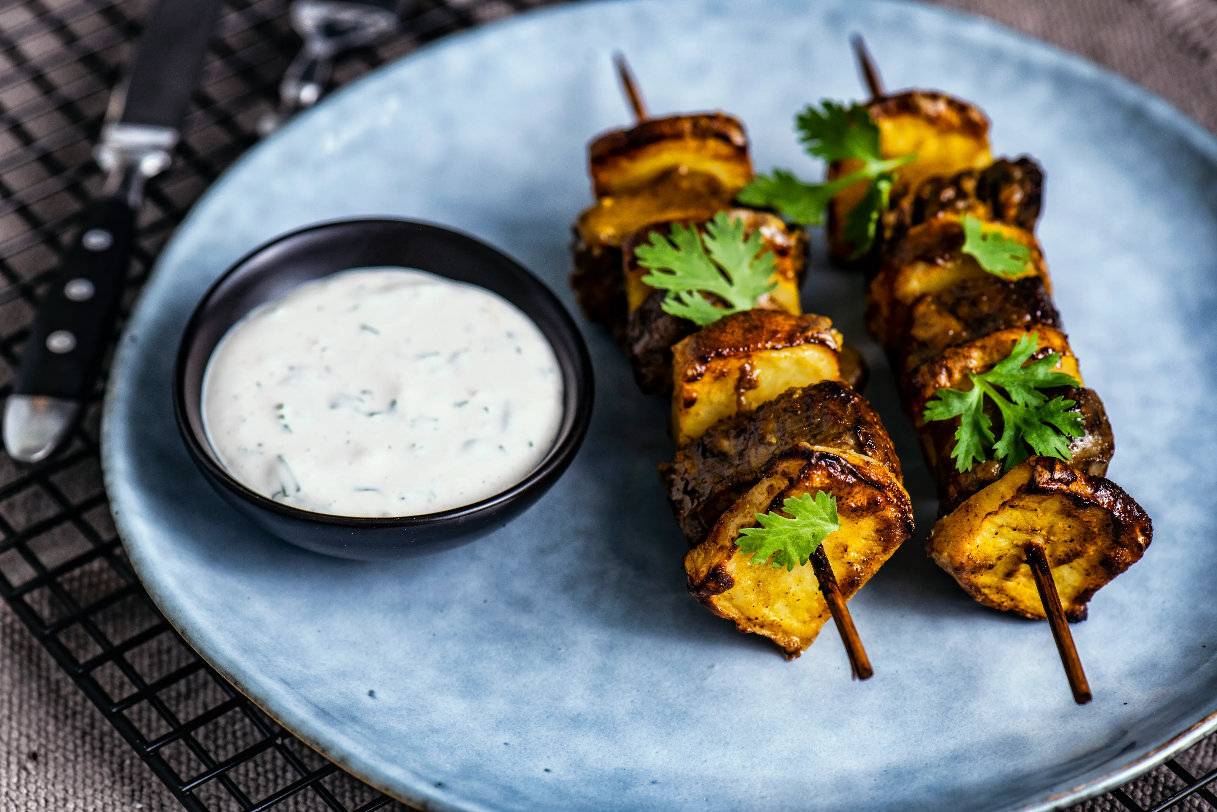 Mediterranean Steak & Potato Skewers with Tzatziki — final dish