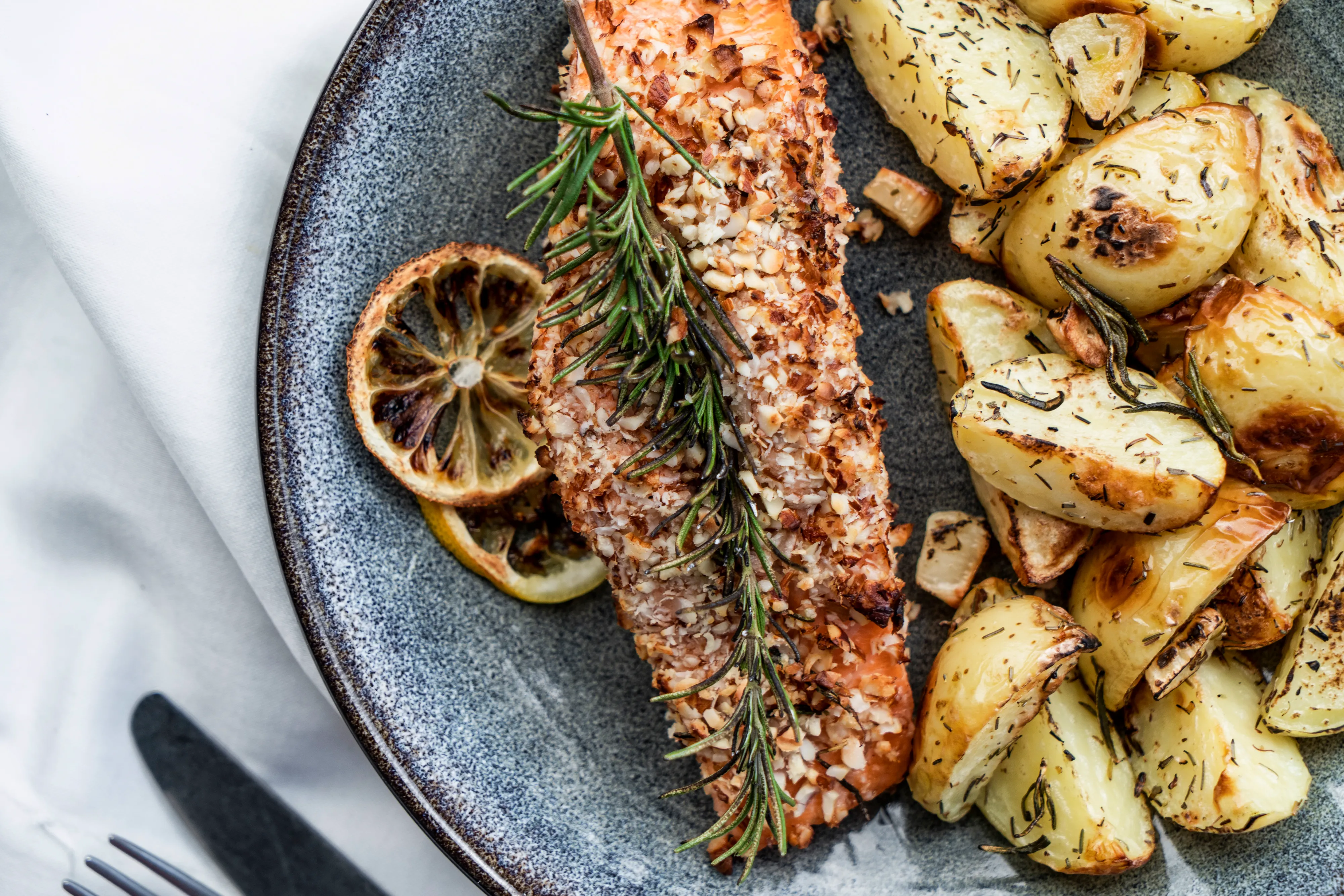 Mediterranean Golden Almond Salmon & Thyme Potatoes