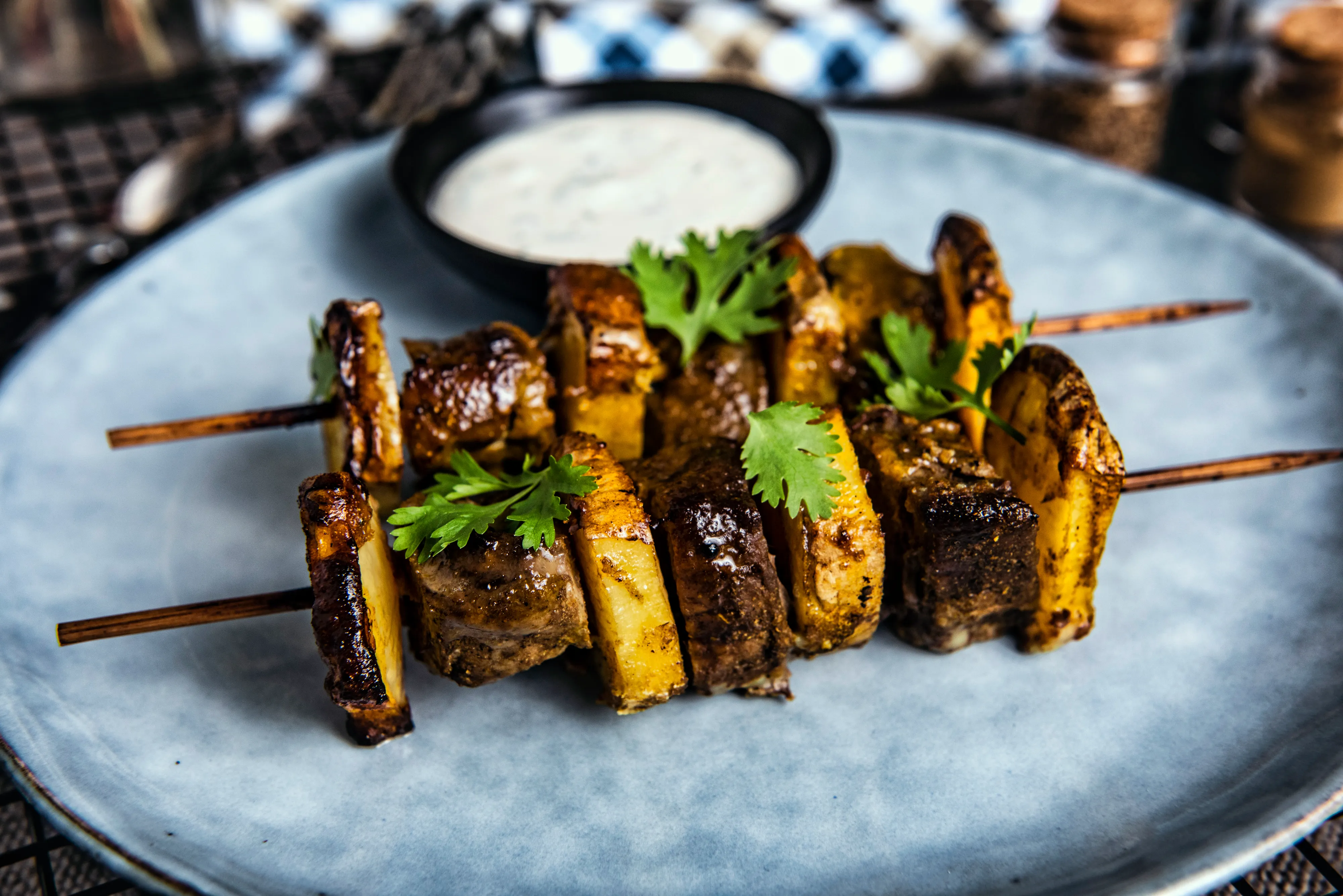 Mediterranean Steak & Potato Skewers with Tzatziki